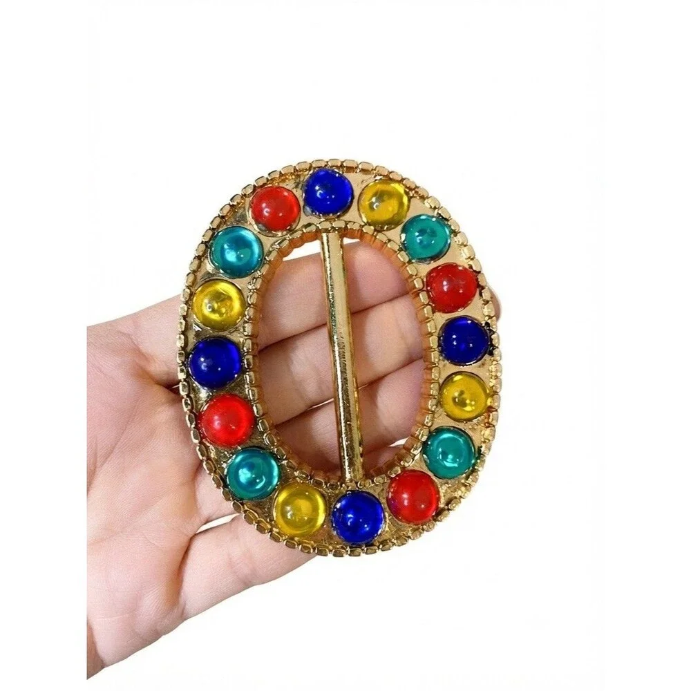 VTG 80s, 90s Plastic Gold Tone Oval Belt Buckle with Multi-Color Faux Gemstones